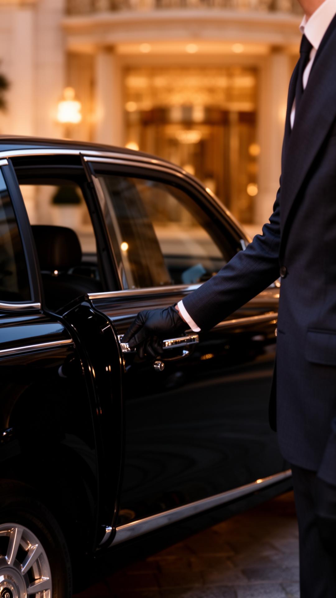 Chauffeur in a tailored dark suit opening a luxury vehicle door